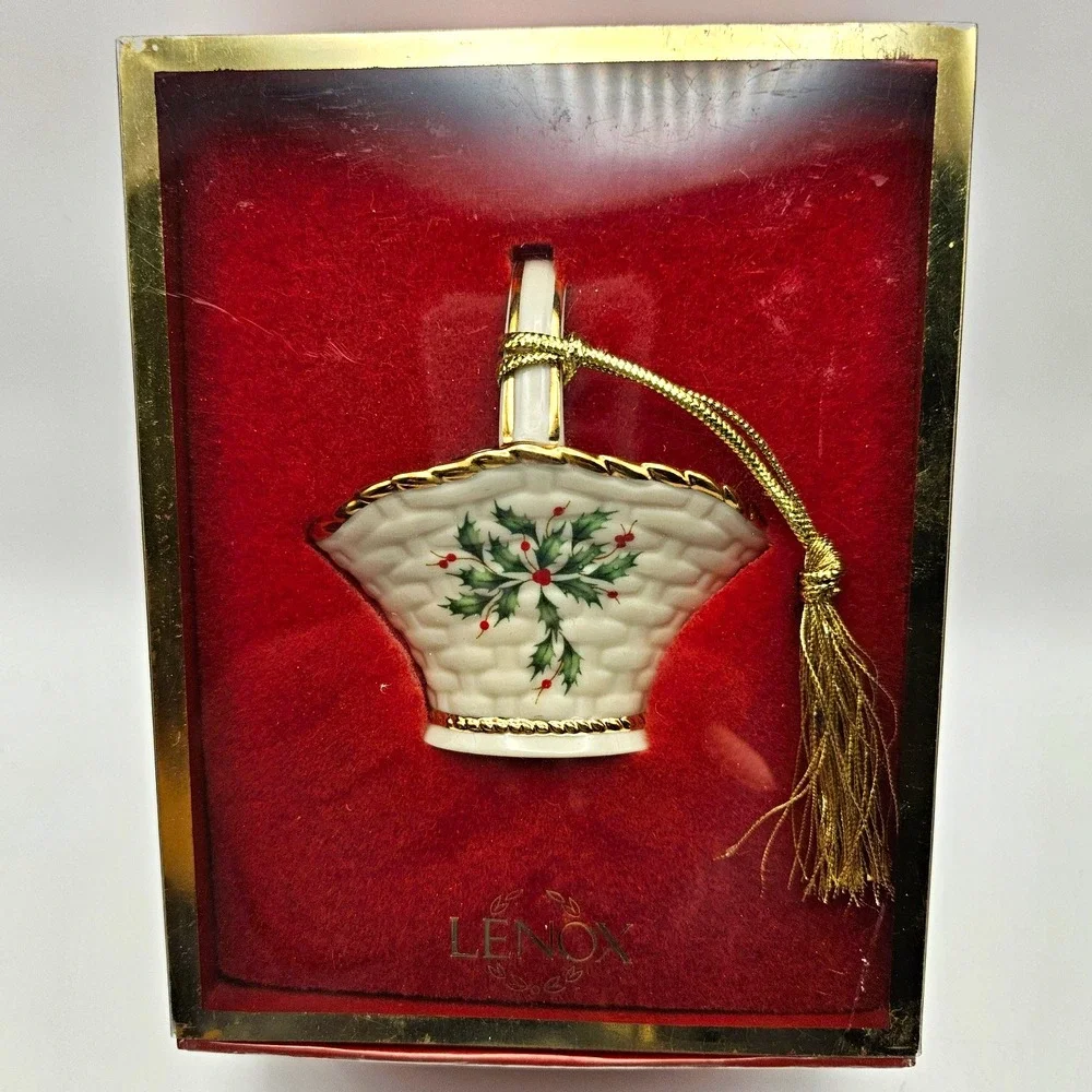Lenox Porcelain Holly Basket Christmas Ornament Handmade Thailand